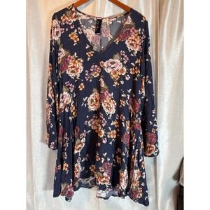 Blue Rain Women's Navy Floral Print V Neck Long Sleeve Tunic‎ Dress Size L